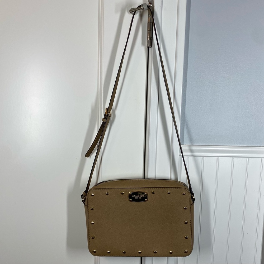 Michael Kors‎ Sandrine Studded Crossbody Purse tan saffiano leather